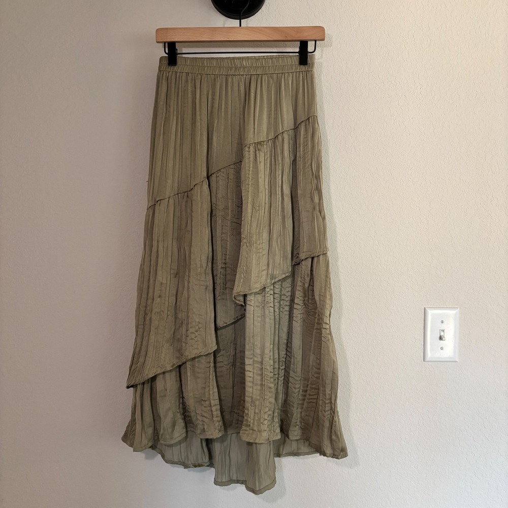 Wishlist Apparel Skirt Tiered Maxi S Pleated Asymmetrical Sage Green Boho Fairy